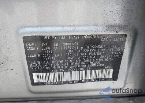 2014 Subaru Outback 2.5I Premium from USA, damaged, VIN 4S4BRBCC4E3304904